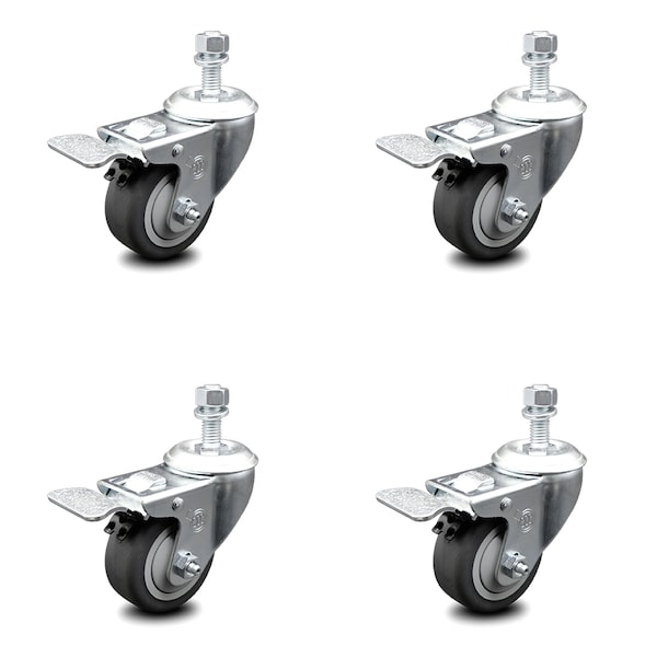 3.5 Inch Thermoplastic Rubber Swivel 10mm Stem Caster Set Total Lock Brake